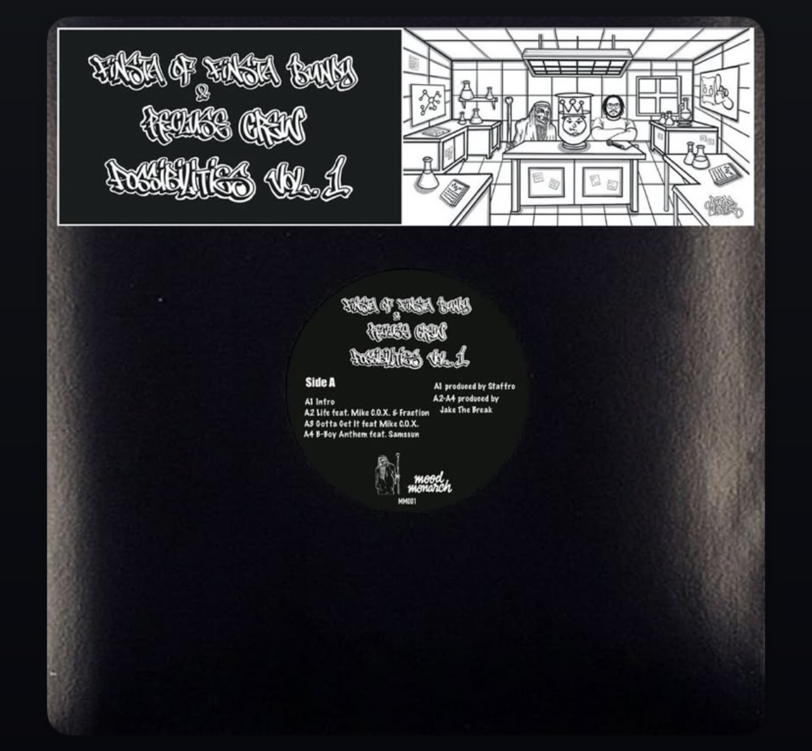 Black record sleeve with white text and a circular label, featuring a black and white illustration of a kitchen. Word count: 20