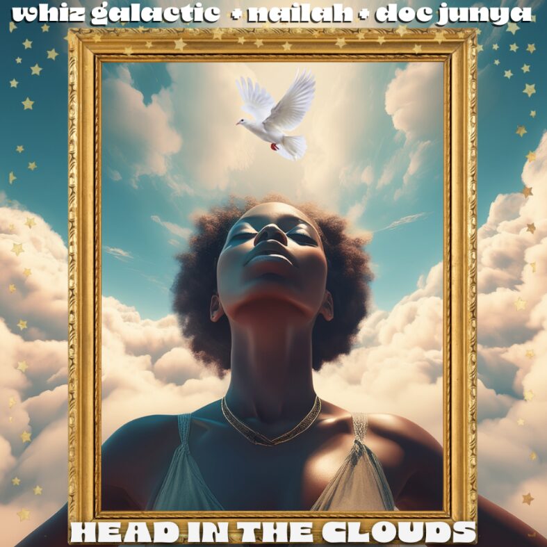 A woman with curly hair looks upward with clouds and a dove flying above her head in a sky background.