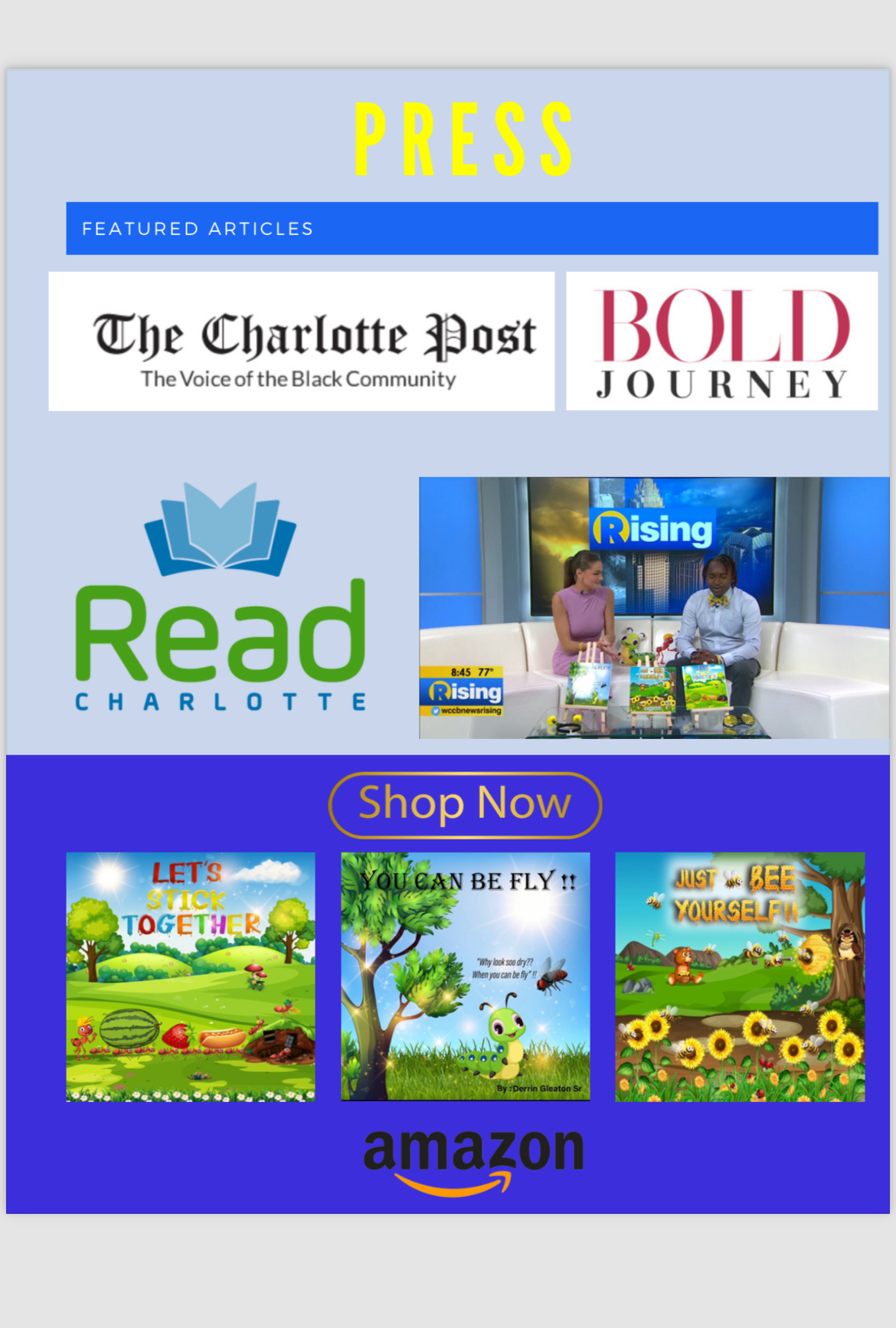 A magazine page with headlines, logos, and images of books and a TV show set, including Amazon logo and shop now button.