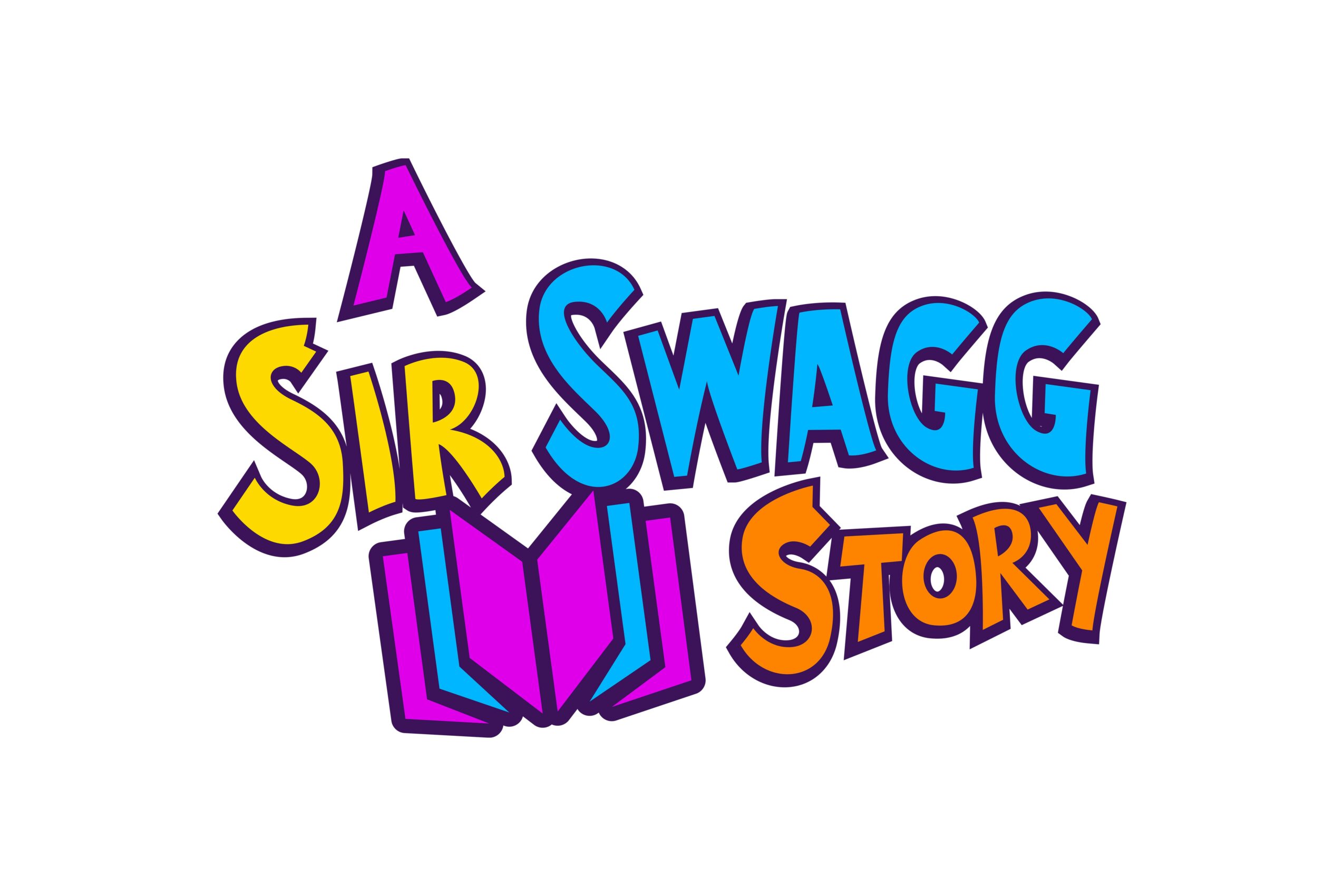 Colorful text with a book icon, reading 'A Sir Swagg Story', in bright colors.