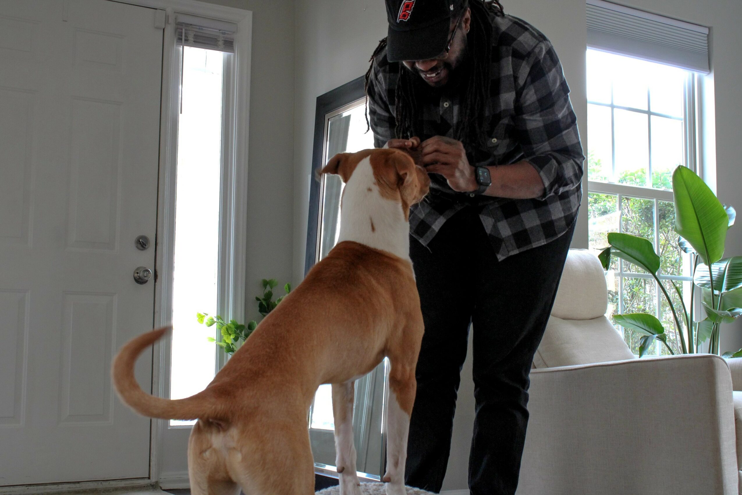 Person with a dog inside a room, near a window and a door, holding a treat or object. The dog is looking up.
