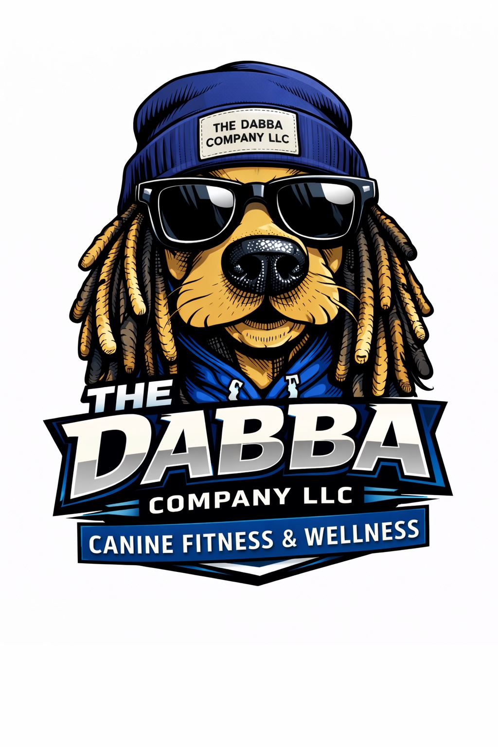Dog wearing sunglasses, a beanie, and a jacket, with text 'The Dabba Company LLC' and 'Canine Fitness & Wellness'.