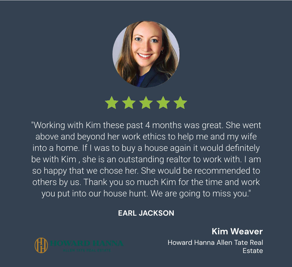 Testimonial with a smiling woman, five stars, and a quote about working with Kim, signed by Kim Weaver, estate agent.