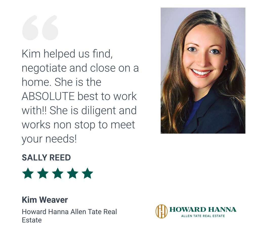 Testimonial with a smiling woman, five-star rating, and text praising Kim Weaver's work in real estate.