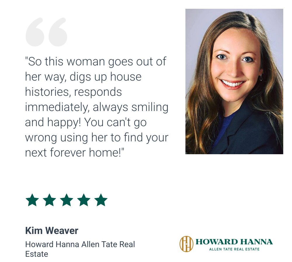 Smiling woman with long hair in a dark blazer, text about her helping find a home, five stars, and her name and company.