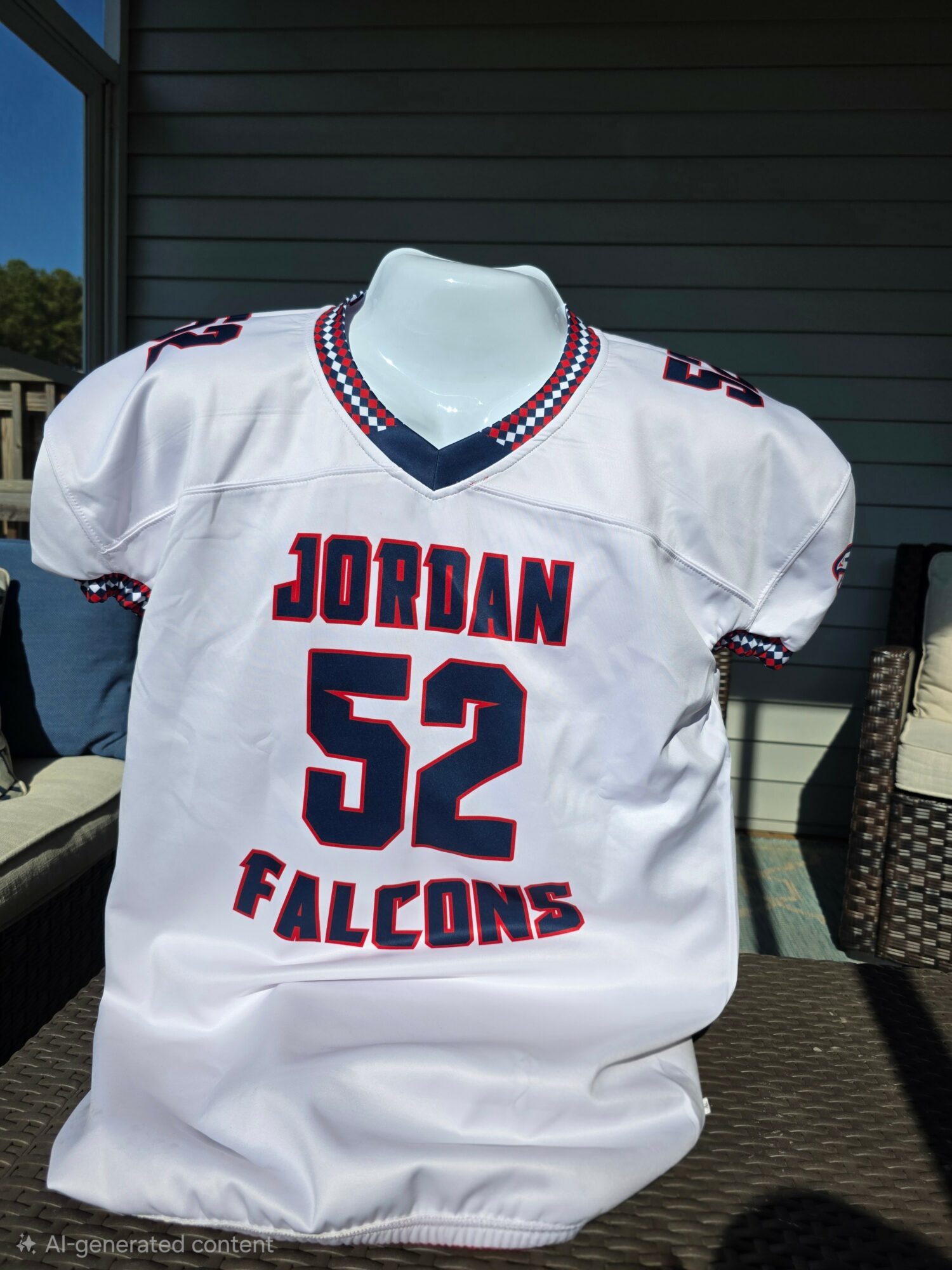 White football jersey with red, black, and blue accents, displaying 'JORDAN 52 FALCONS' on the front, on a mannequin outside.