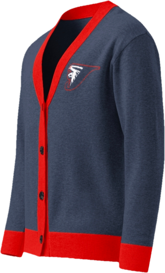 Blue cardigan with red trim and a logo on the chest, buttoned front, against a black background.