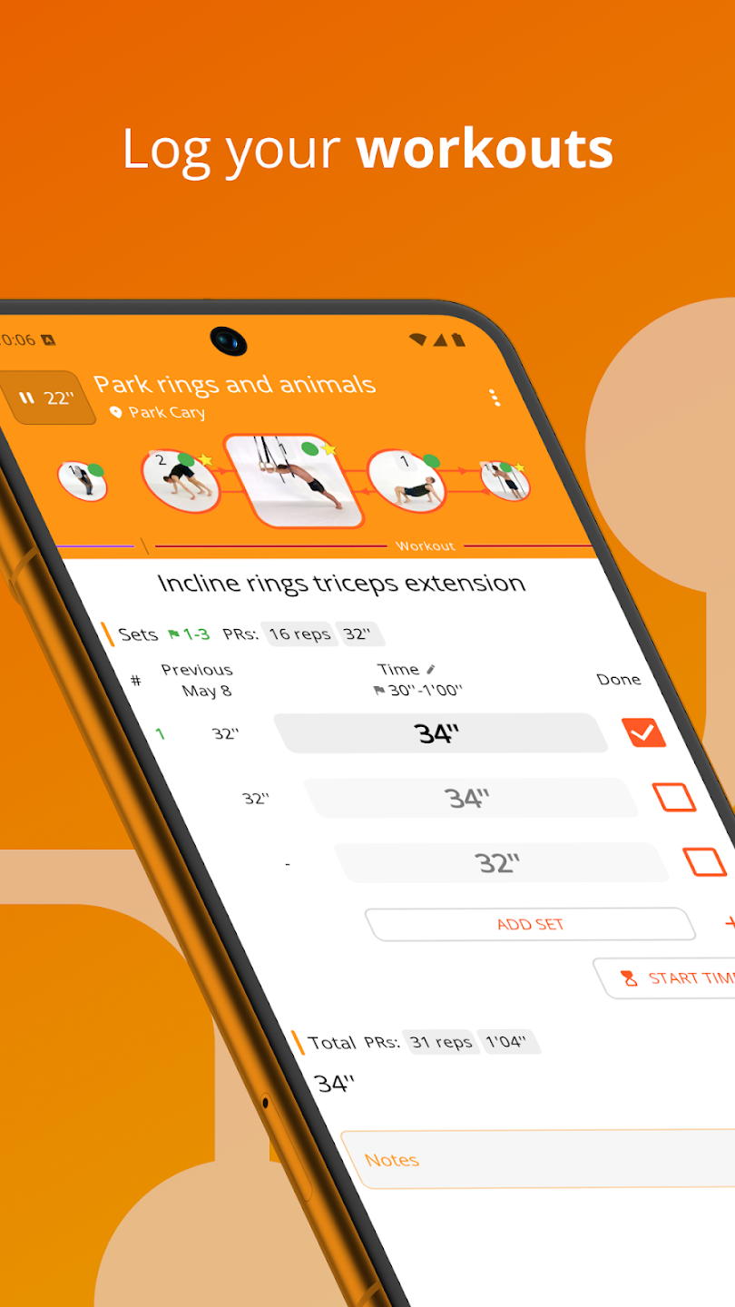 Smartphone screen displays workout tracking app with orange background and exercise data, tilted at a 90-degree angle.