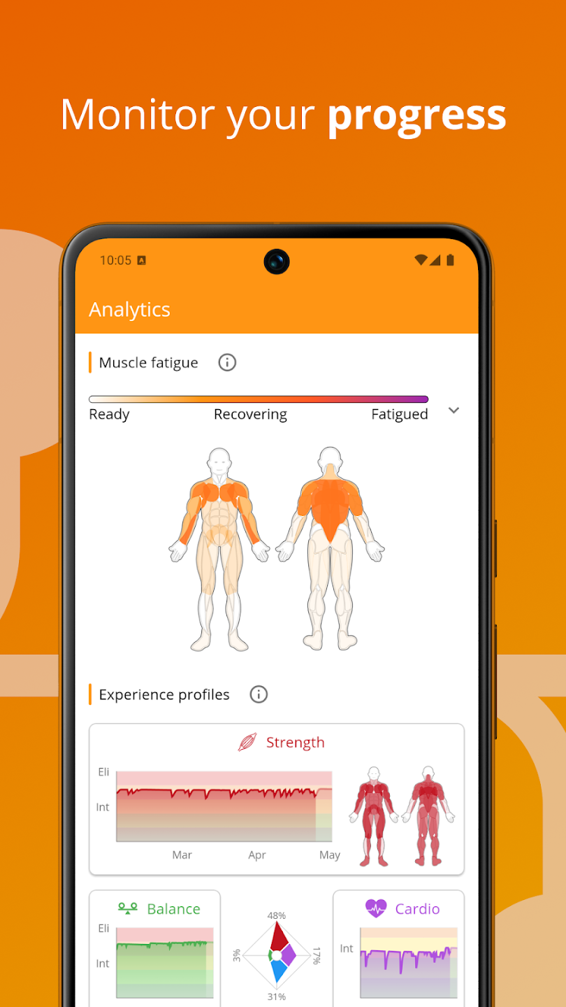 Smartphone screen displays progress tracking with body diagrams and graphs, orange background, and text about monitoring progress.