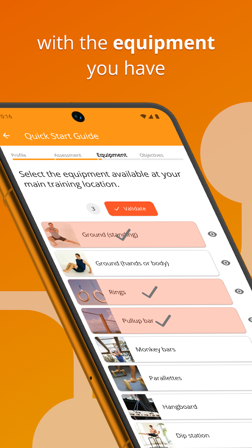 Smartphone screen showing equipment selection menu with orange background and text about equipment and training.