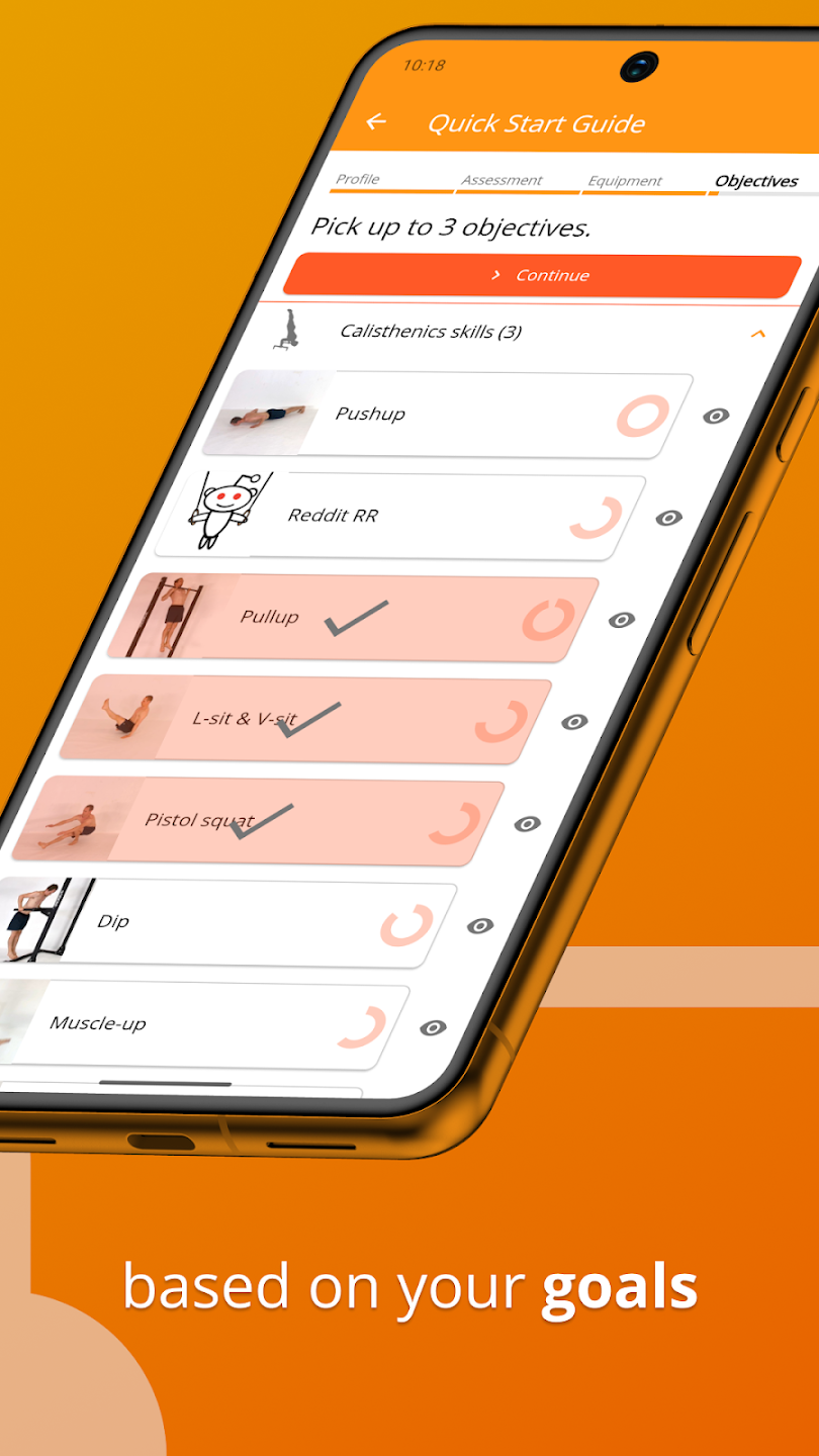 Smartphone screen displays a checklist app with goals and progress, orange background, and text about goals and objectives.