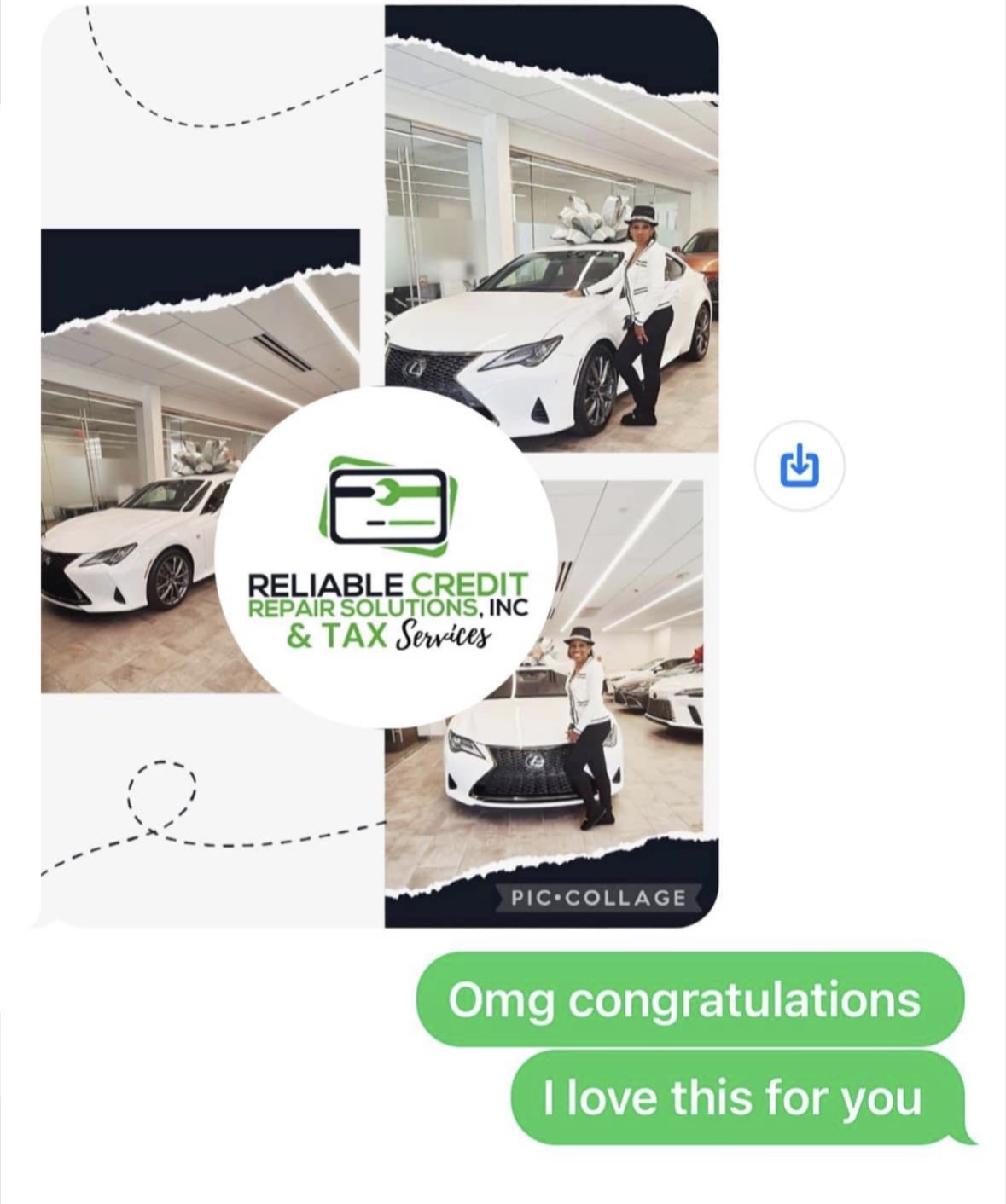 People standing next to white cars in a showroom with a logo for credit repair and tax services, and a green congratulatory message.