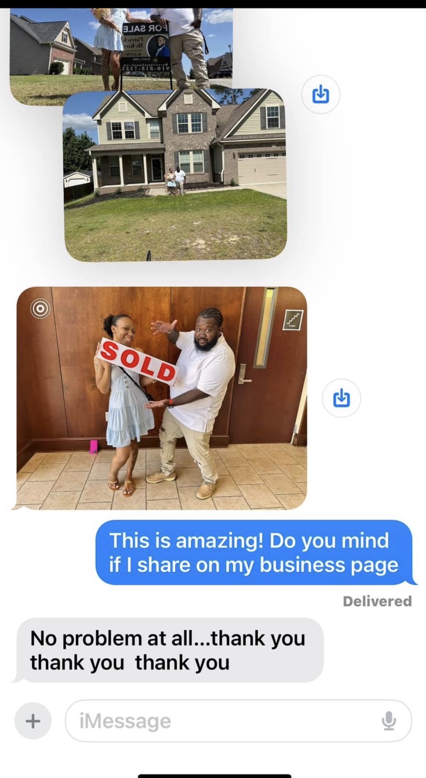 Two images: a house with a lawn and a man and woman exchanging keys, with a message about sharing business pages.