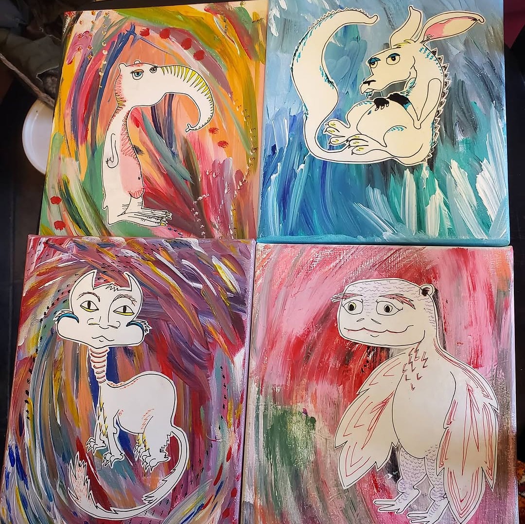Four colorful drawings of fantasy creatures, each with unique backgrounds and styles, arranged in a 2x2 grid.