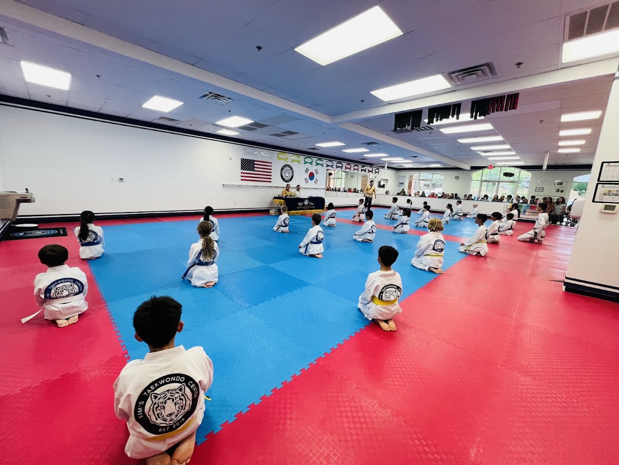 Martial arts students in uniforms practicing in a dojo with blue and red mats, instructor at the front, American flag on wall.
