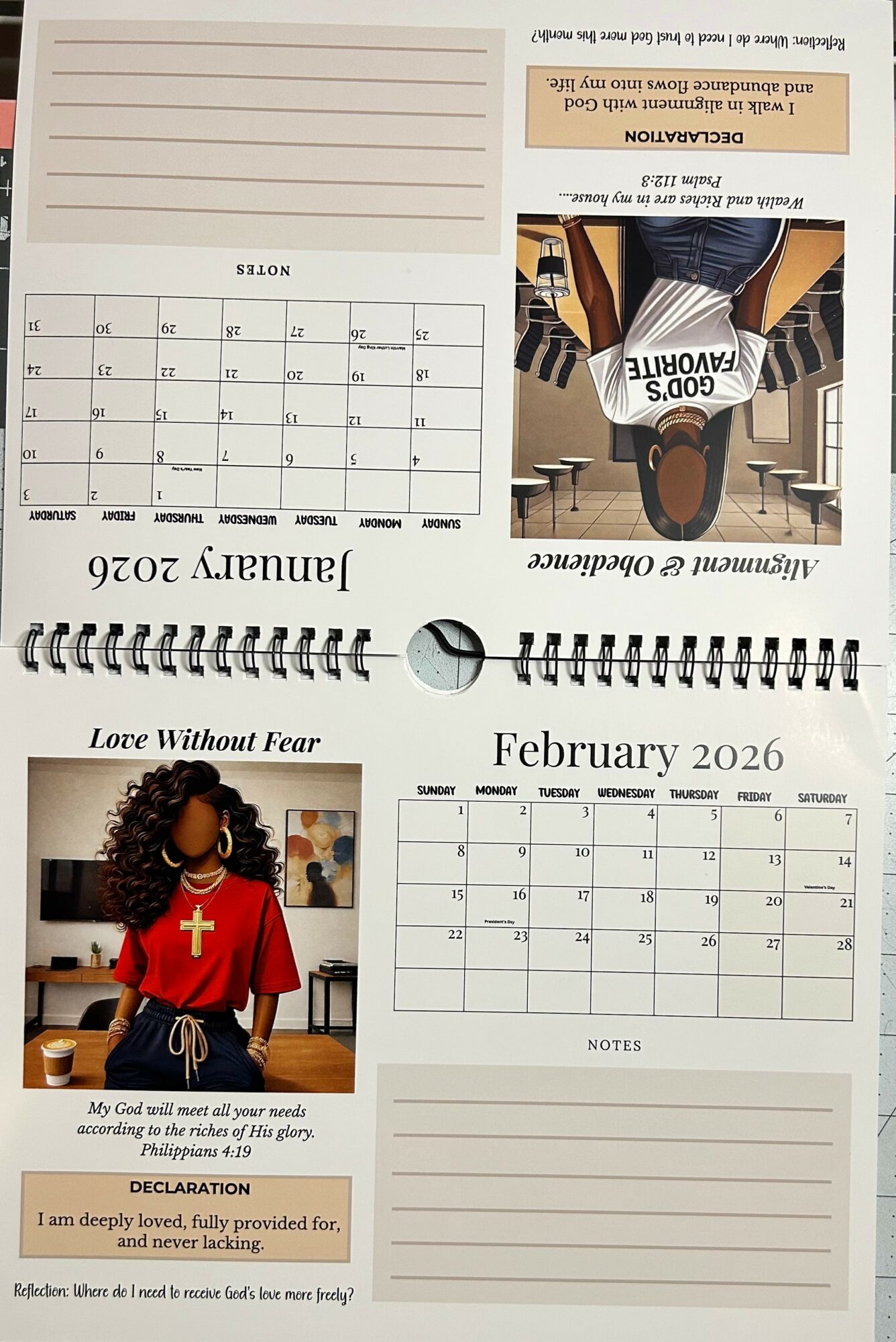 Open calendar pages for January and February 2026, with a woman in a red shirt and cross necklace, and a person in sneakers. Word: 'LOVE WITHOUT FEAR'.