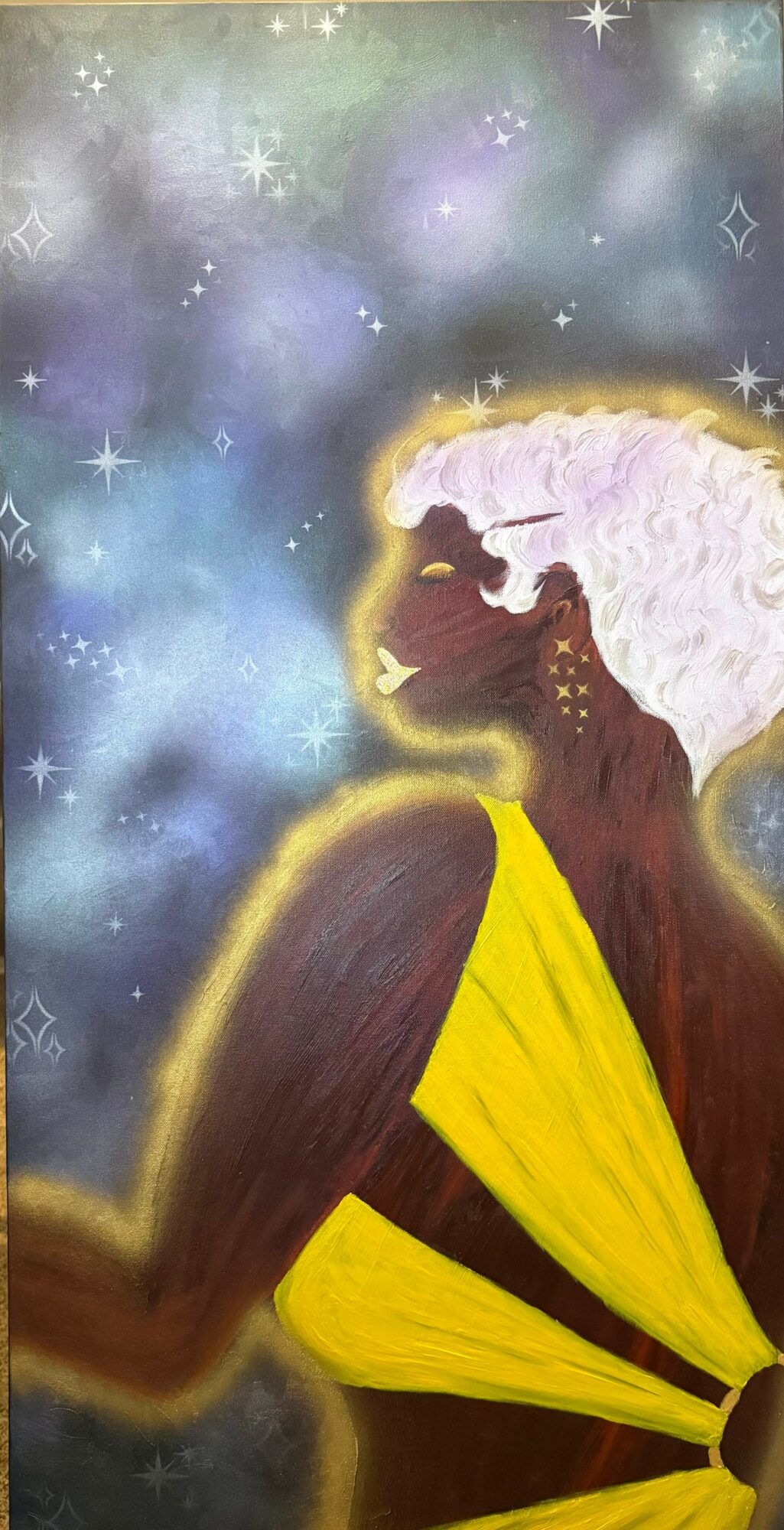 A stylized lion with a white mane and yellow clothing against a starry, cosmic background.