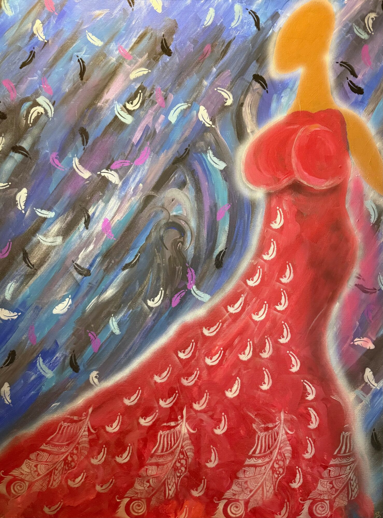 Abstract painting of a red figure with a yellow head against a colorful background with streaks and patterns.