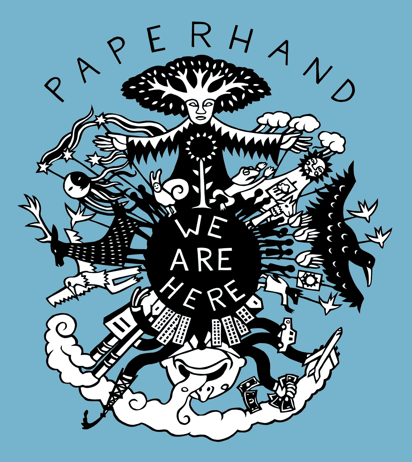 Illustration with a central circle reading 'WE ARE HERE' surrounded by various abstract and nature-inspired elements, with 'PAPERHAND' at the top.