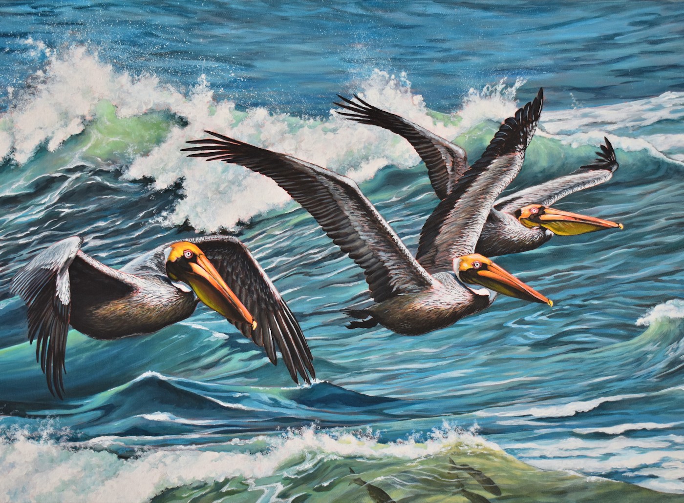 Three pelicans flying over ocean waves with white foam, in a realistic painting style.