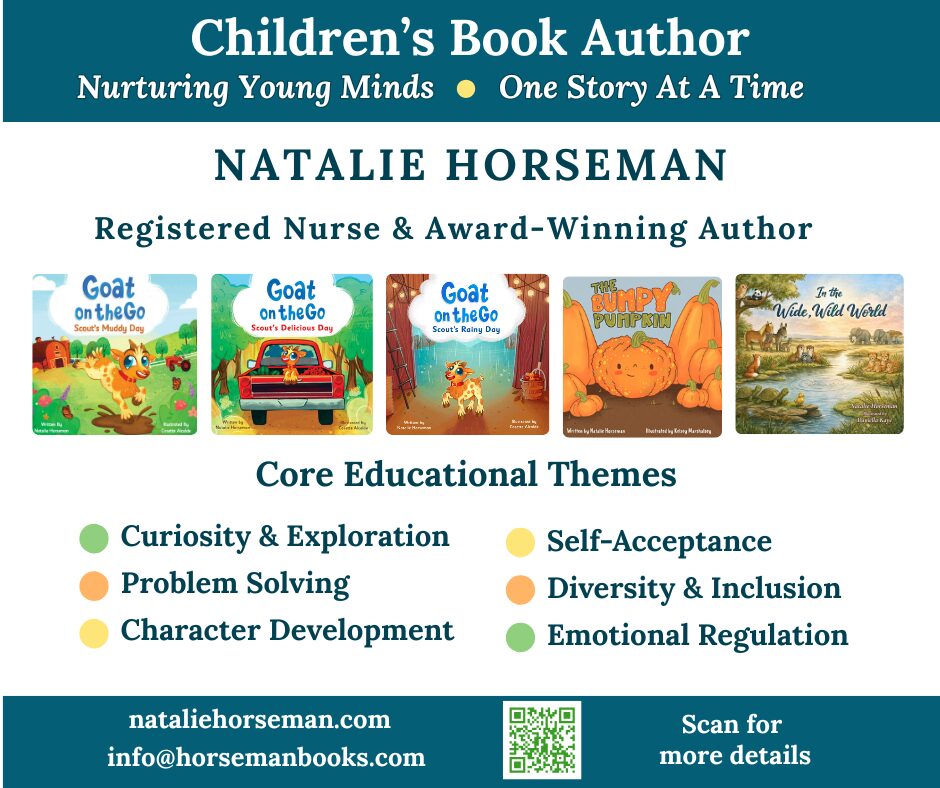 Information about children's book author Natalie Horseman, including themes, website, and a QR code, with colorful book images.