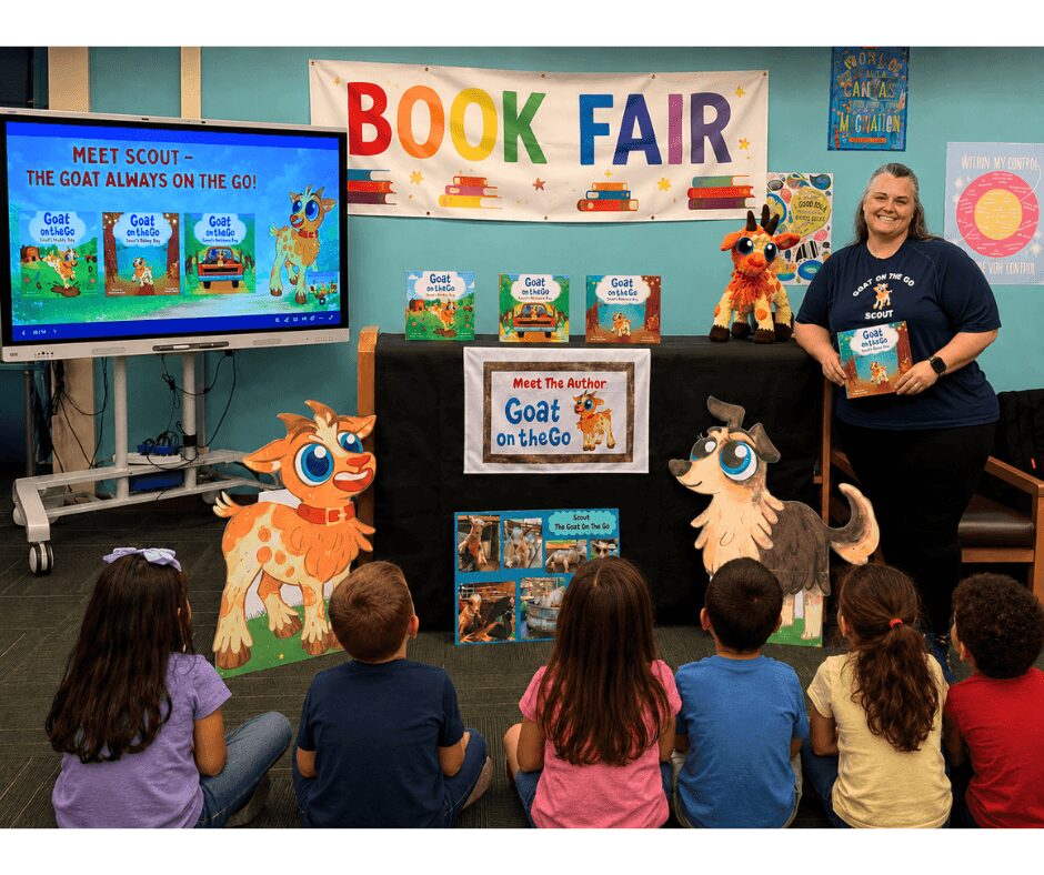 Woman standing next to a display with children's books, children sitting on the floor, and a colorful book fair banner.