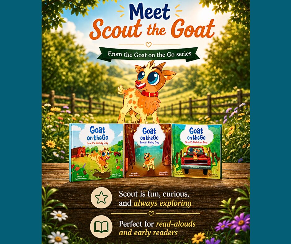Book covers featuring a goat character, colorful outdoor scene, and a vehicle, with text about exploring and early reading.