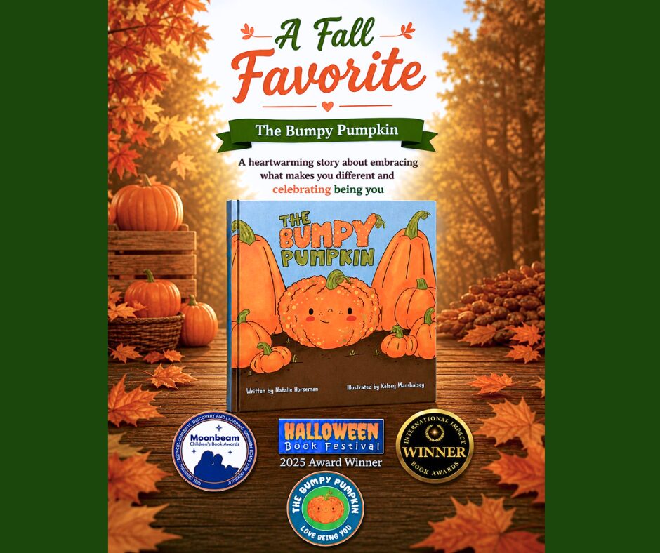 Autumn scene with pumpkins and fallen leaves, promotional poster for a fall-themed storybook about a pumpkin character, with award badges.