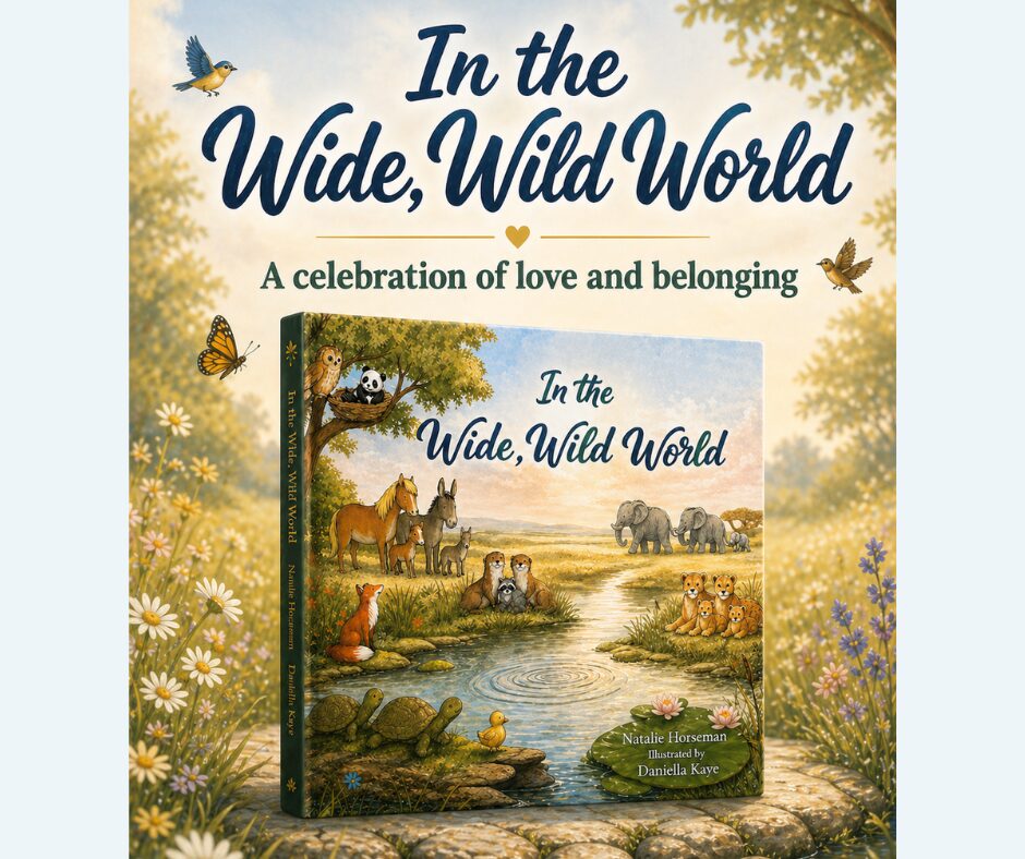 Book cover titled 'In the Wide, Wild World' with animals and nature scene, surrounded by flowers and trees.