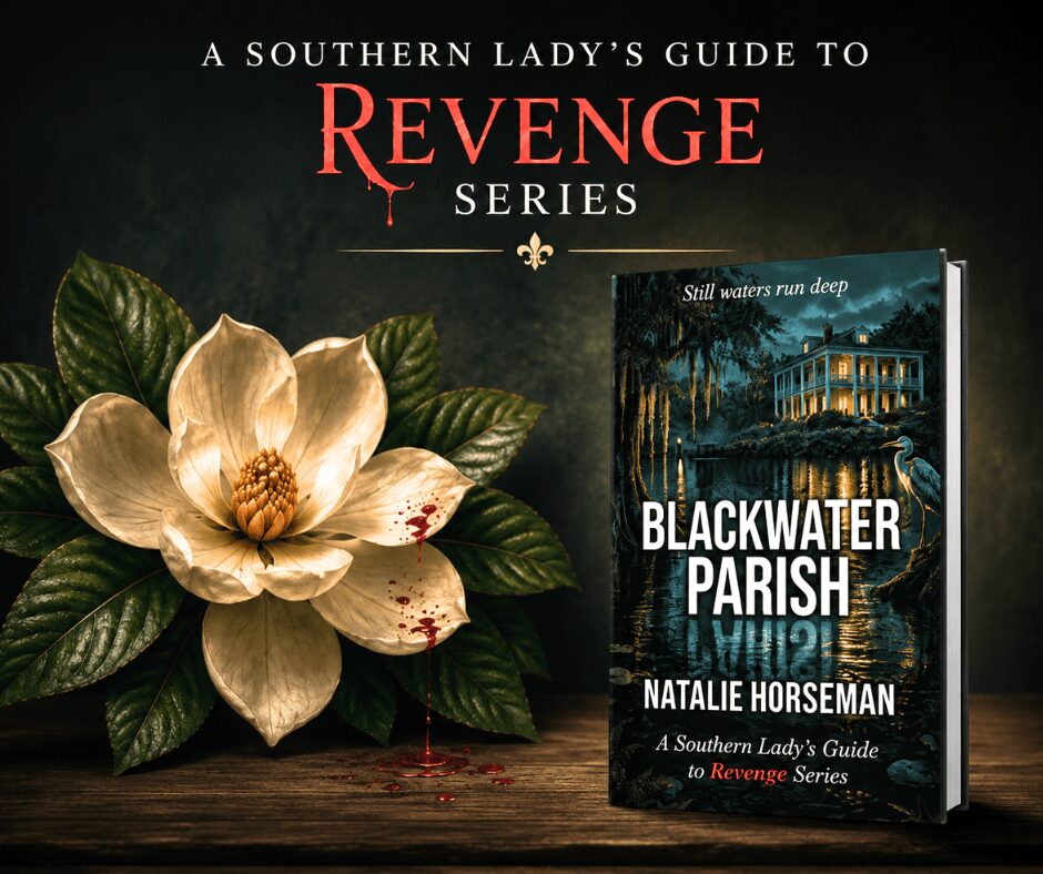 Book cover titled 'Blackwater Parish' by Natalie Horseman, with a dark water scene and a house, beside a flower with green leaves.