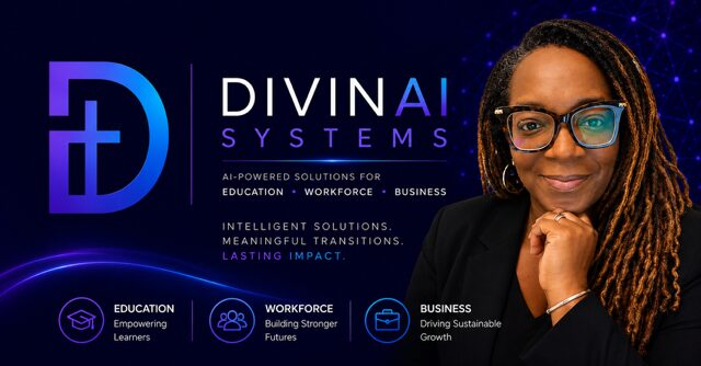 Logo and text for DIVIN AI SYSTEMS with a woman wearing glasses and dreadlocks, smiling, on a dark background with blue accents.