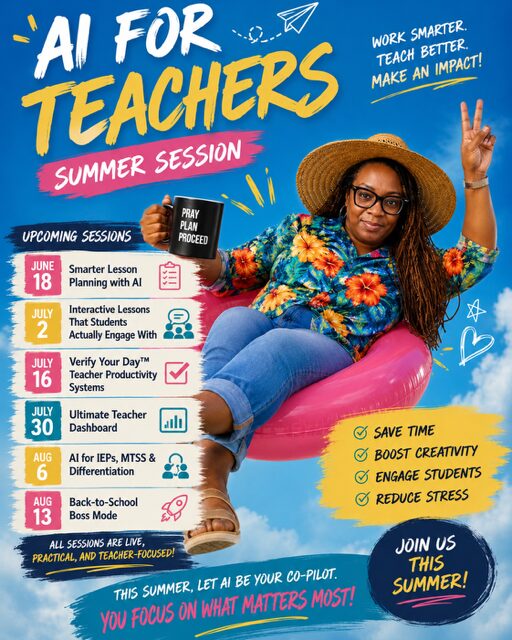 Poster promoting summer teacher training sessions with colorful text, a woman in a straw hat, and a yellow background.