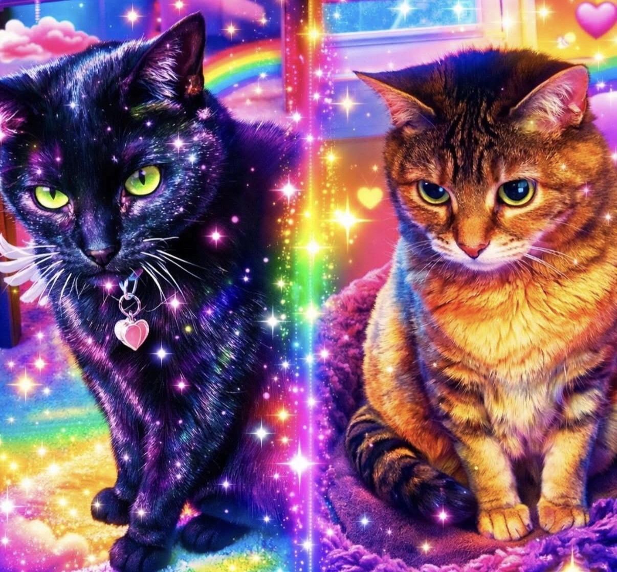Two cats with vibrant, colorful backgrounds featuring rainbows and sparkles, one black with green eyes, the other brown with orange eyes.