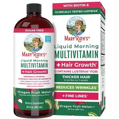 Bottle and box of Mary Ruth's liquid morning multivitamin with hair growth, dragon fruit melon flavor, sugar free, 30 oz.