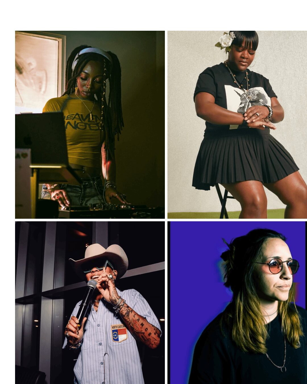 Four women in different settings, one with headphones, one sitting, one with a hat, and one with sunglasses, smiling.