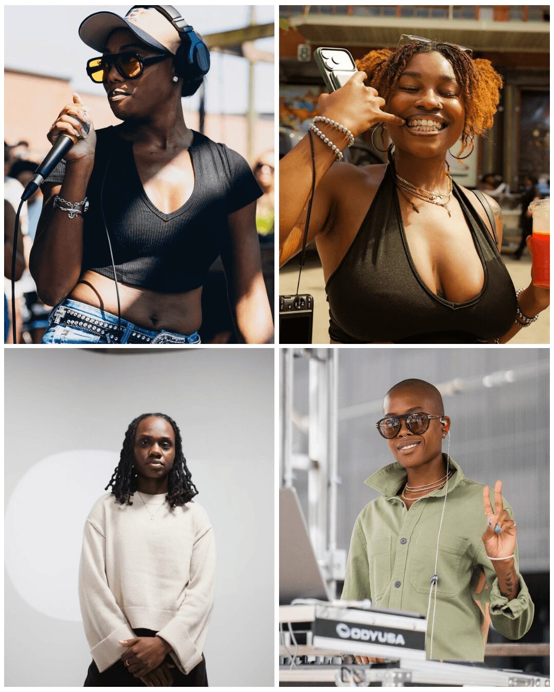 Four women, two with headphones, one smiling on phone, one DJ with hand raised, all in casual settings.