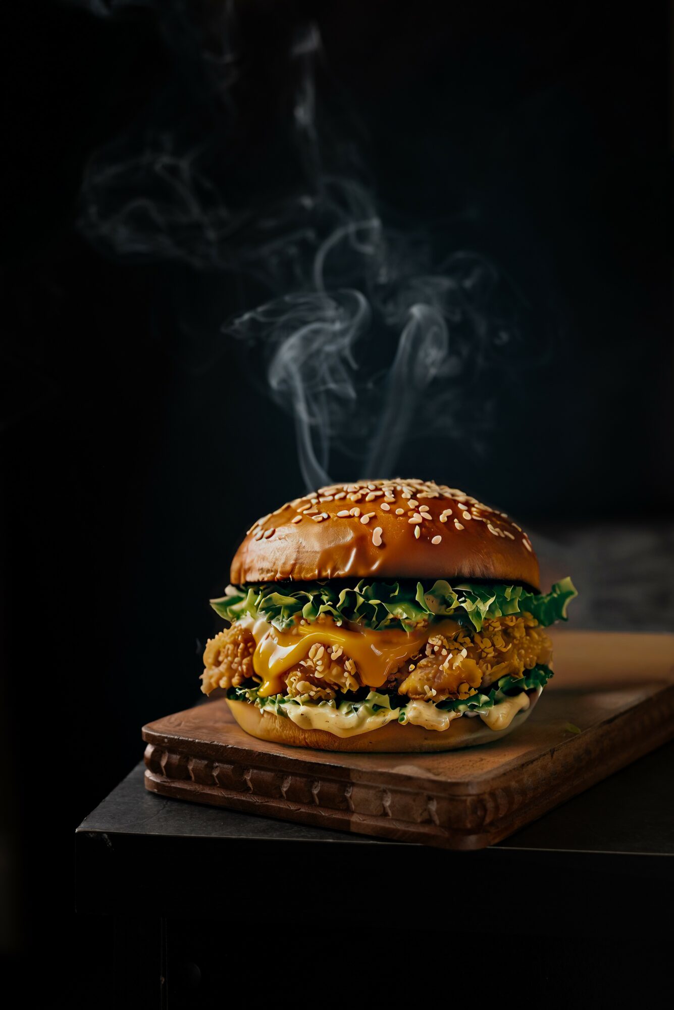 A steaming burger with fried chicken, lettuce, cheese, and sauce on a wooden board against a dark background.