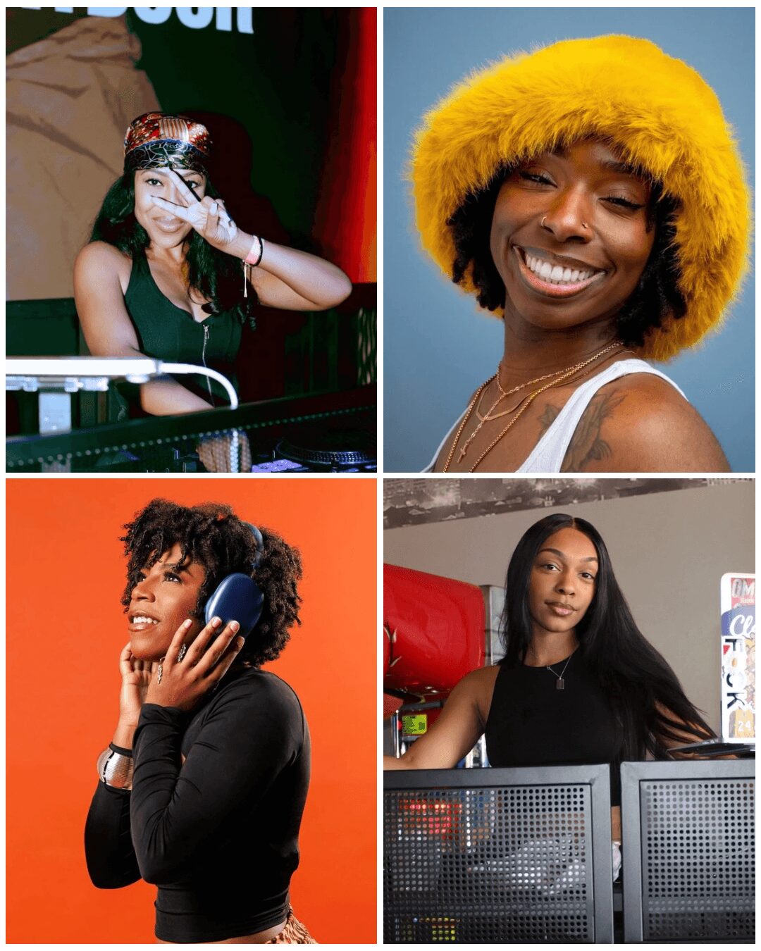 Four women in different settings, smiling and wearing headphones or hats, with colorful backgrounds.