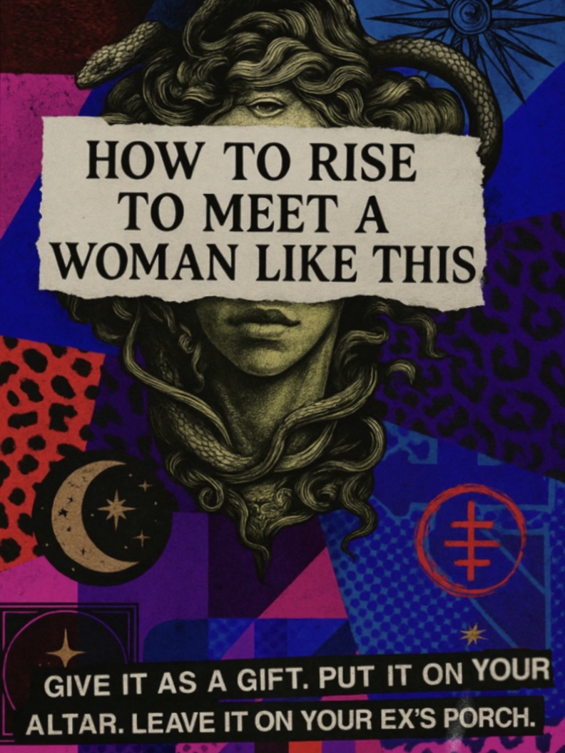A collage with a central figure of a woman with snakes in her hair, surrounded by colorful patterns and symbols, and a torn paper with text. The text reads, 