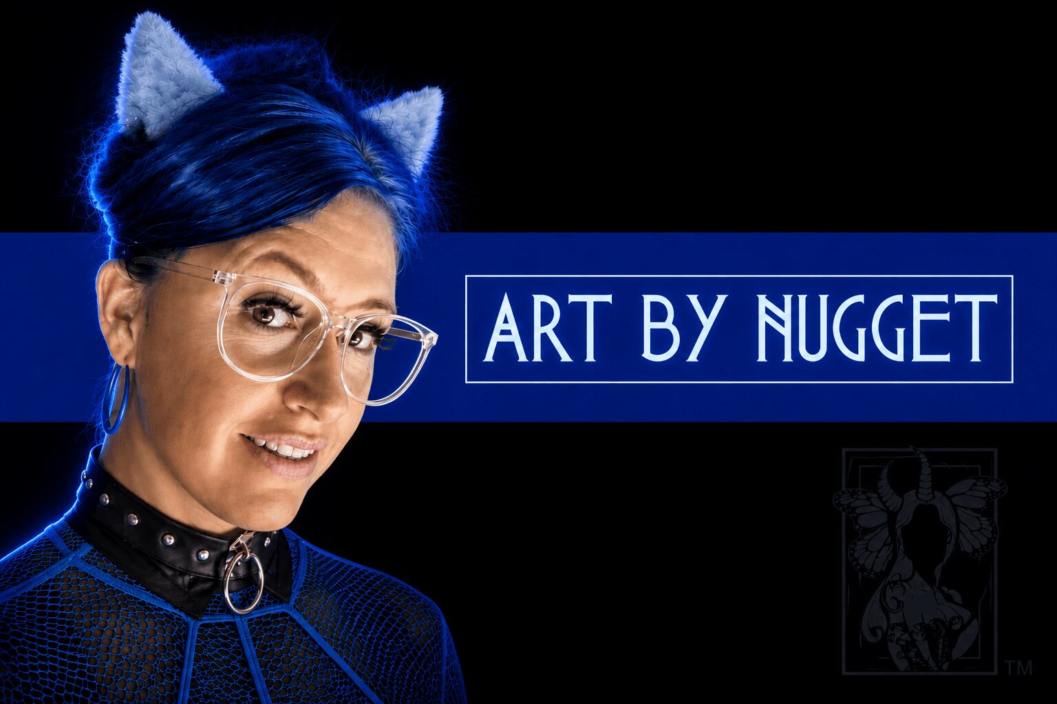 Woman with blue hair and cat ears wearing glasses and a black choker, with a blue background and text 'ART BY NUGGET'.