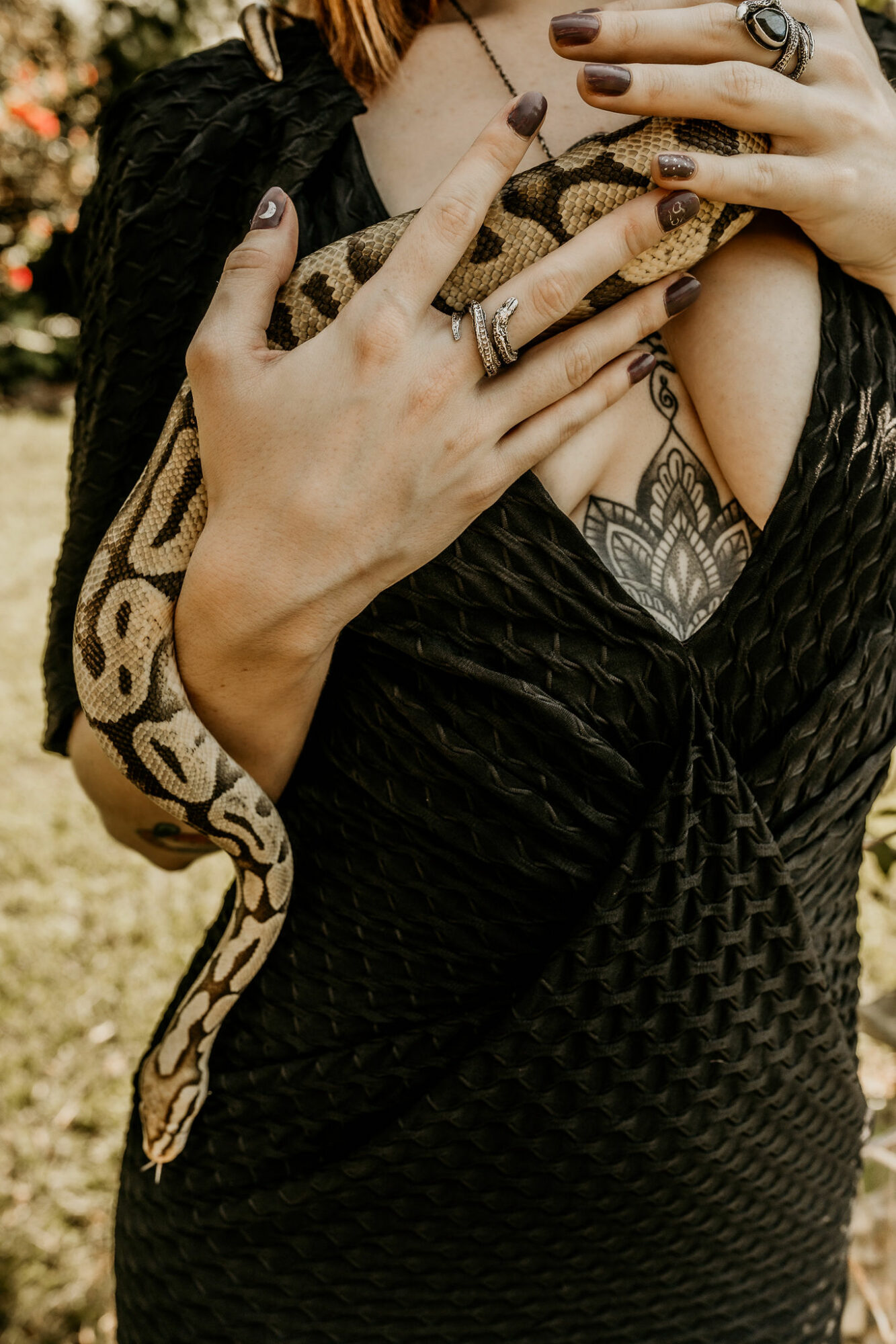 Person holding a snake on their shoulder, with hands visible and wearing rings, in an outdoor setting.