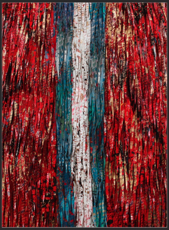 Abstract painting with vertical blue, white, and red streaks, black lines, and textured background.