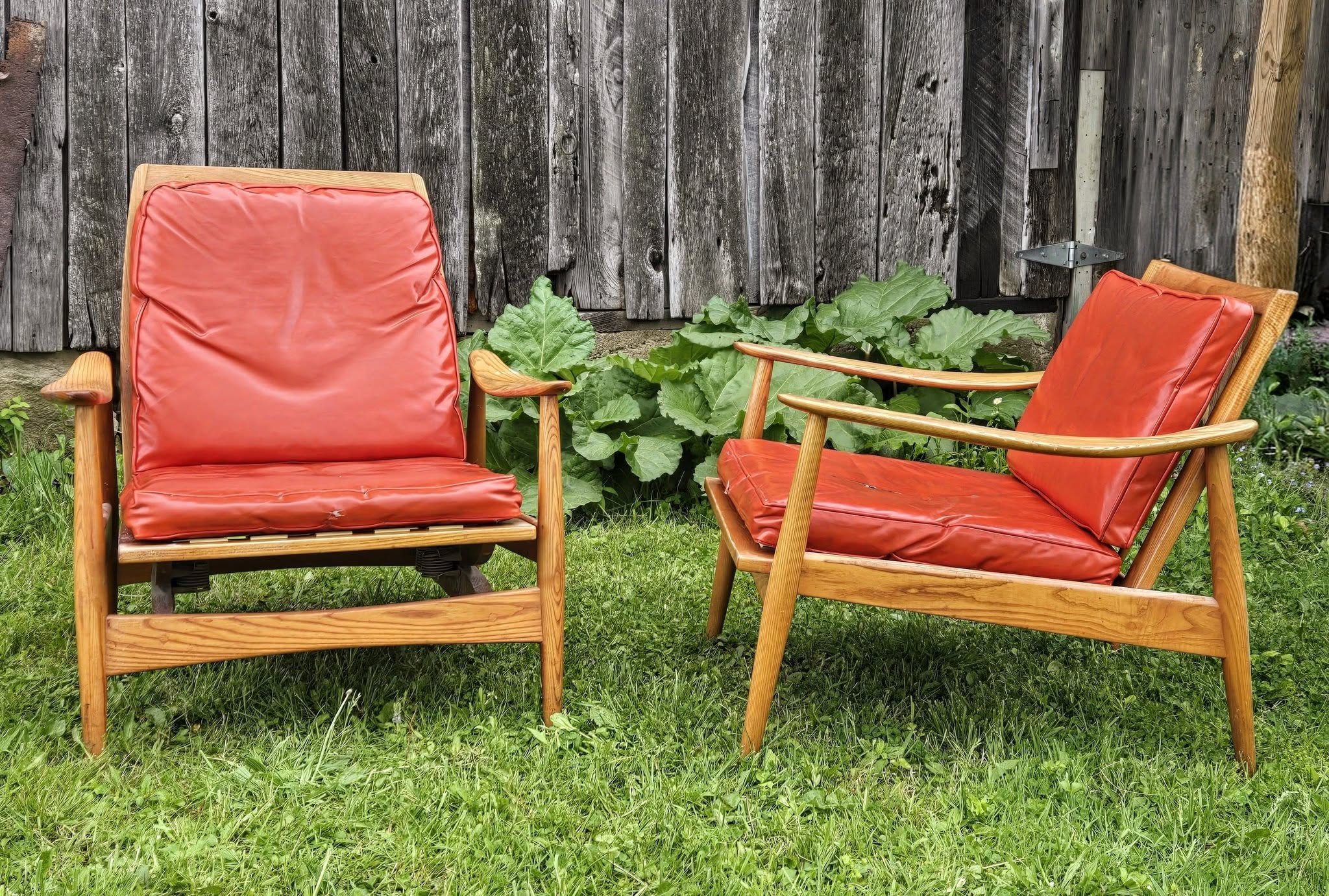 Two wooden chairs with red cushions on a grassy yard, wooden fence and green plants in background.