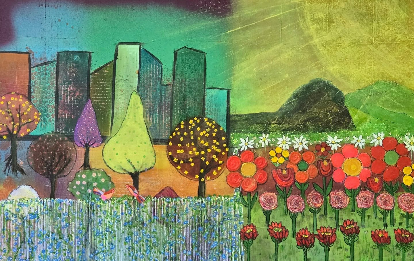 Colorful painting of trees, flowers, and buildings with a bright sky and mountain in the background.