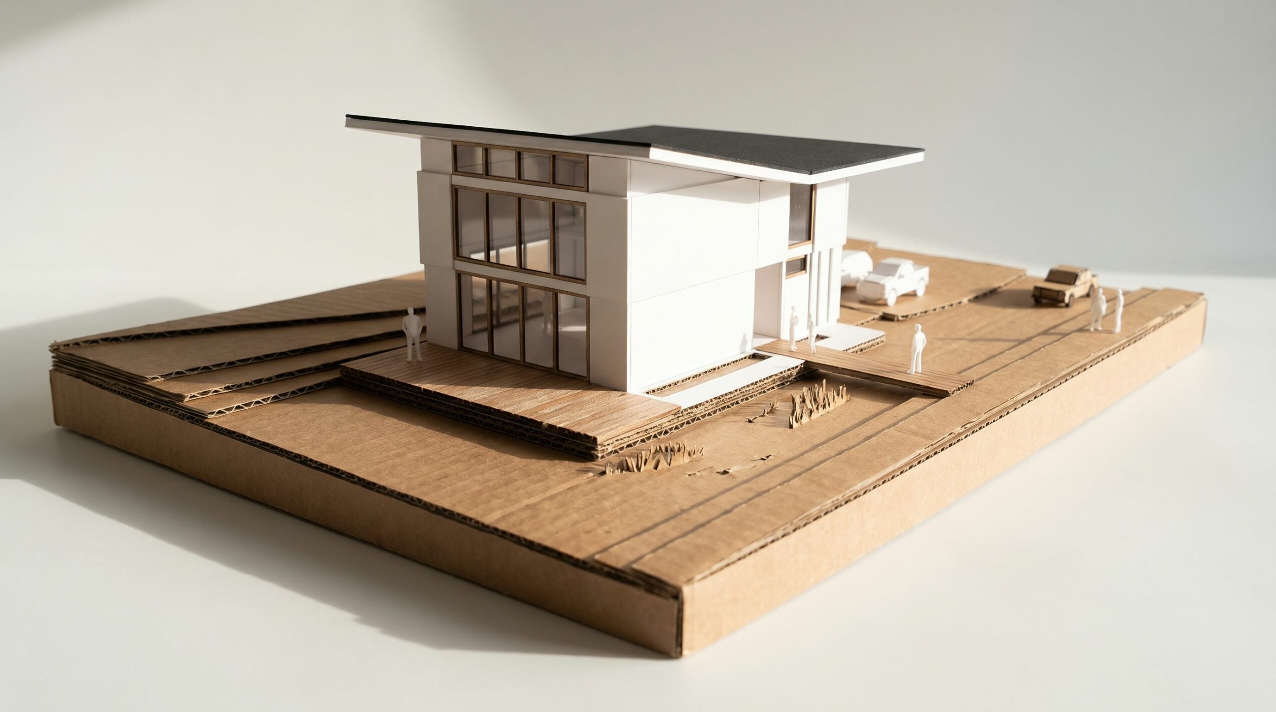 Architectural model of a modern house with a flat roof on a wooden base, featuring large windows and an open design.