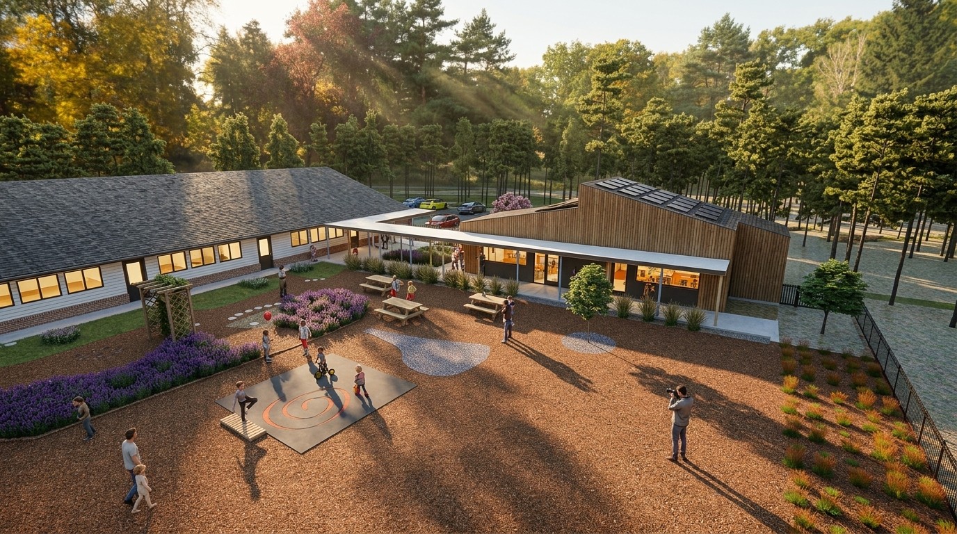Outdoor scene with a building, playground, and trees, sunlight filtering through the trees, and people walking around.