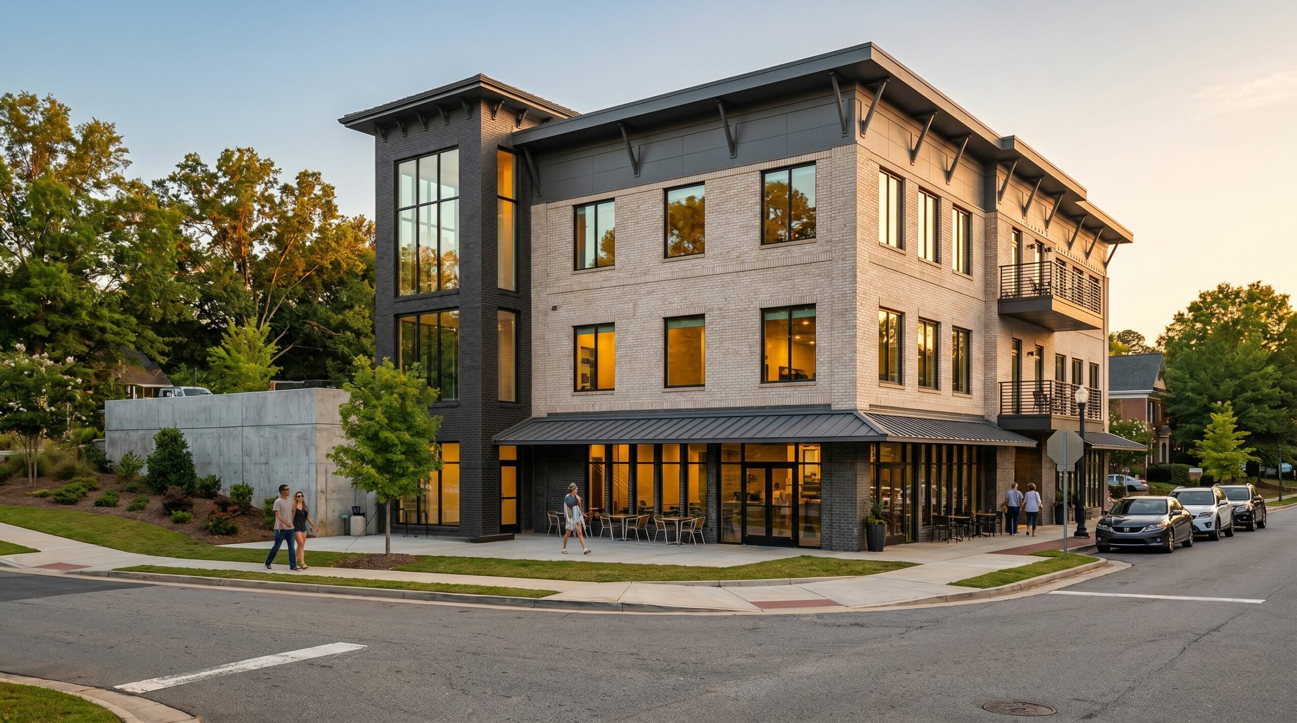 Modern multi-story building with large windows, situated on a street corner with people and cars nearby.