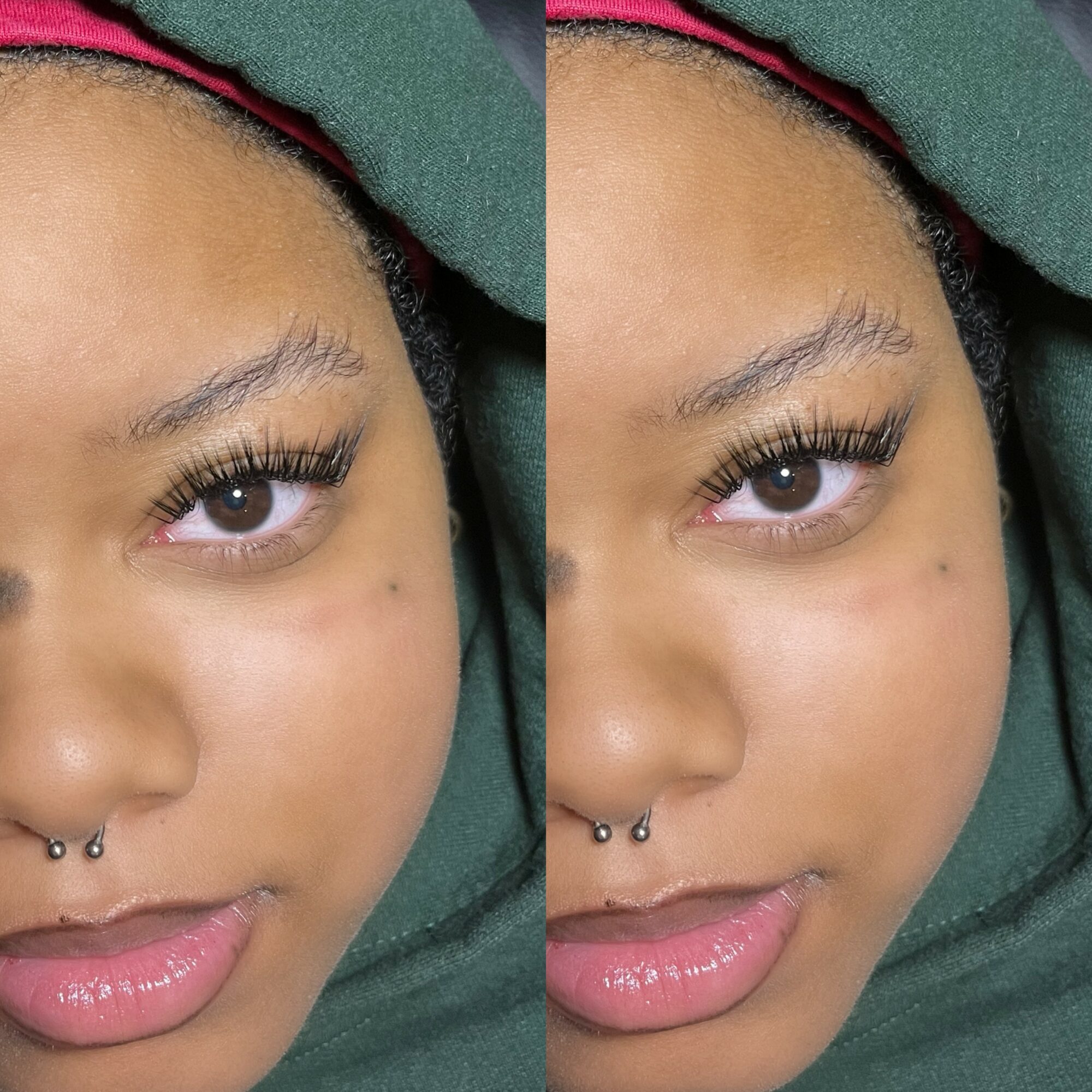 Close-up of a person's face with makeup, septum piercing, and a green and red head covering, looking at the camera.