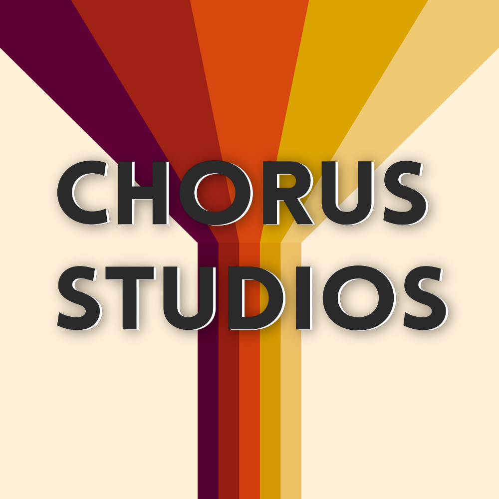 Text reads 'CHORUS STUDIOS' with colorful rays behind, on a light background.