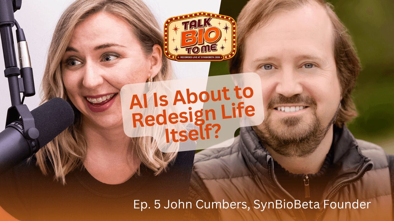 Two people smiling, with a logo and text overlay about redesigning life, episode 5 with John Cumbers, SynBioBeta founder.